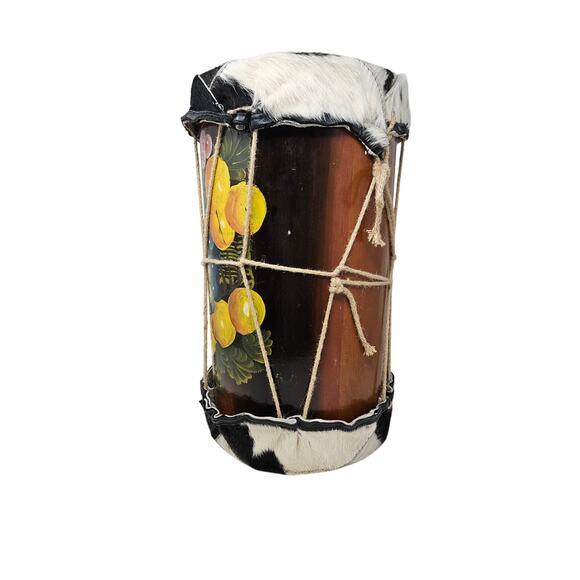 Vintage Handpainted Fruit Spotted Cowhide Calf Hair Hand Drum Folk Art Music - Picture 4 of 5